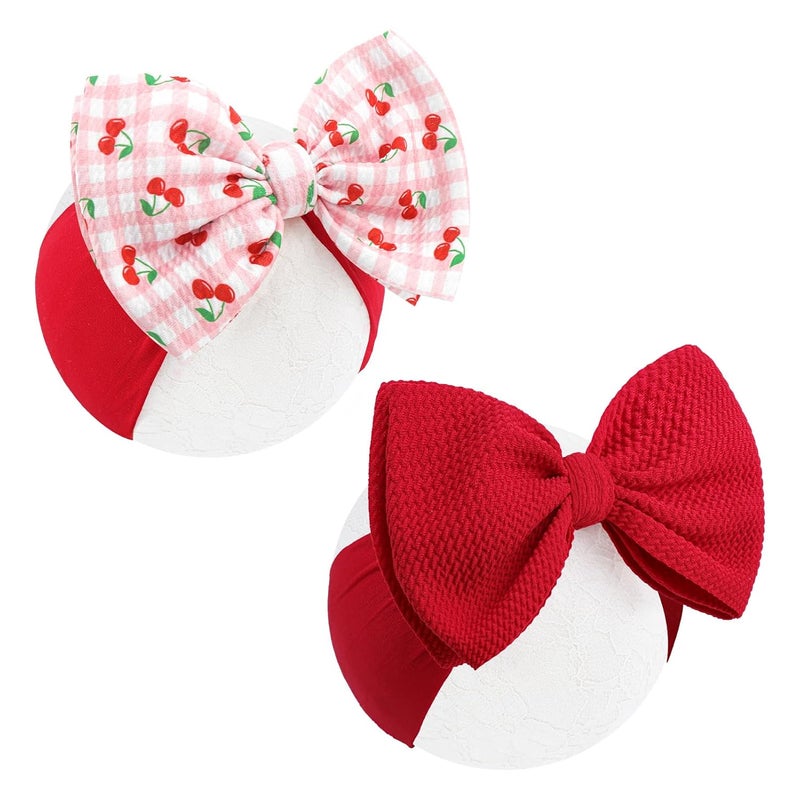 ONENINEDREAM 2 Pcs Baby Girl Headbands 6’’ Red Bows Cherry Hair Accessories Summer Outfits for Newborn Infant Toddler Girls Clothes - Image 1